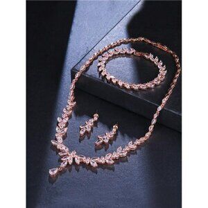 Rose Gold Bridal Jewelry Set 3Pc Rose Gold Rhinestone Necklace Earrings Bracelet